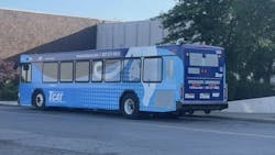 dark and light blue TCAT wrapped bus with with mountain lion design sits on side of the road dark and light blue TCAT wrapped bus with with mountain lion design sits on side of the road