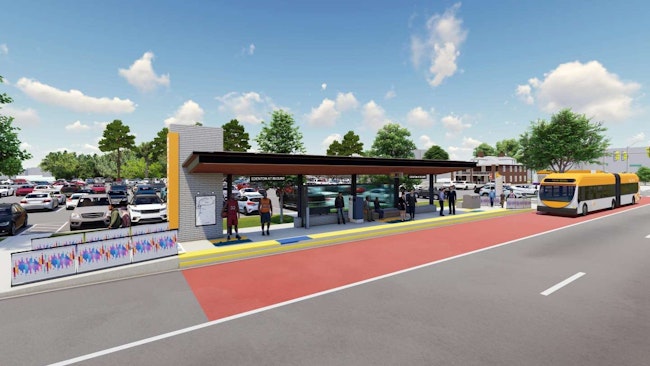 A rendering of the BRT project showing a bus in a dedicated bus lane approaching a station.