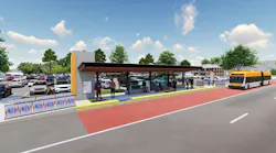 A rendering of the BRT project showing a bus in a dedicated bus lane approaching a station.