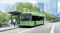 rendering of New Flyer's Xcelsior hybrid-electric 35 foot bus with bus outside a bus shelter