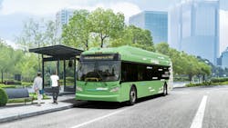 rendering of New Flyer's Xcelsior hybrid-electric 35 foot bus with bus outside a bus shelter rendering of New Flyer's Xcelsior hybrid-electric 35 foot bus with bus outside a bus shelter