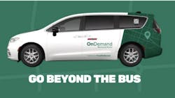 minivan with OnDemand Microtransit Service written on the side in green lettering with a green wrap around the back of the van minivan with OnDemand Microtransit Service written on the side in green lettering with a green wrap around the back of the van