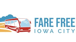 graphic with a red bus and blue clouds that says fare free iowa city graphic with a red bus and blue clouds that says fare free iowa city