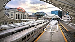 amtrak trains sit outside Denver Union Station amtrak trains sit outside Denver Union Station