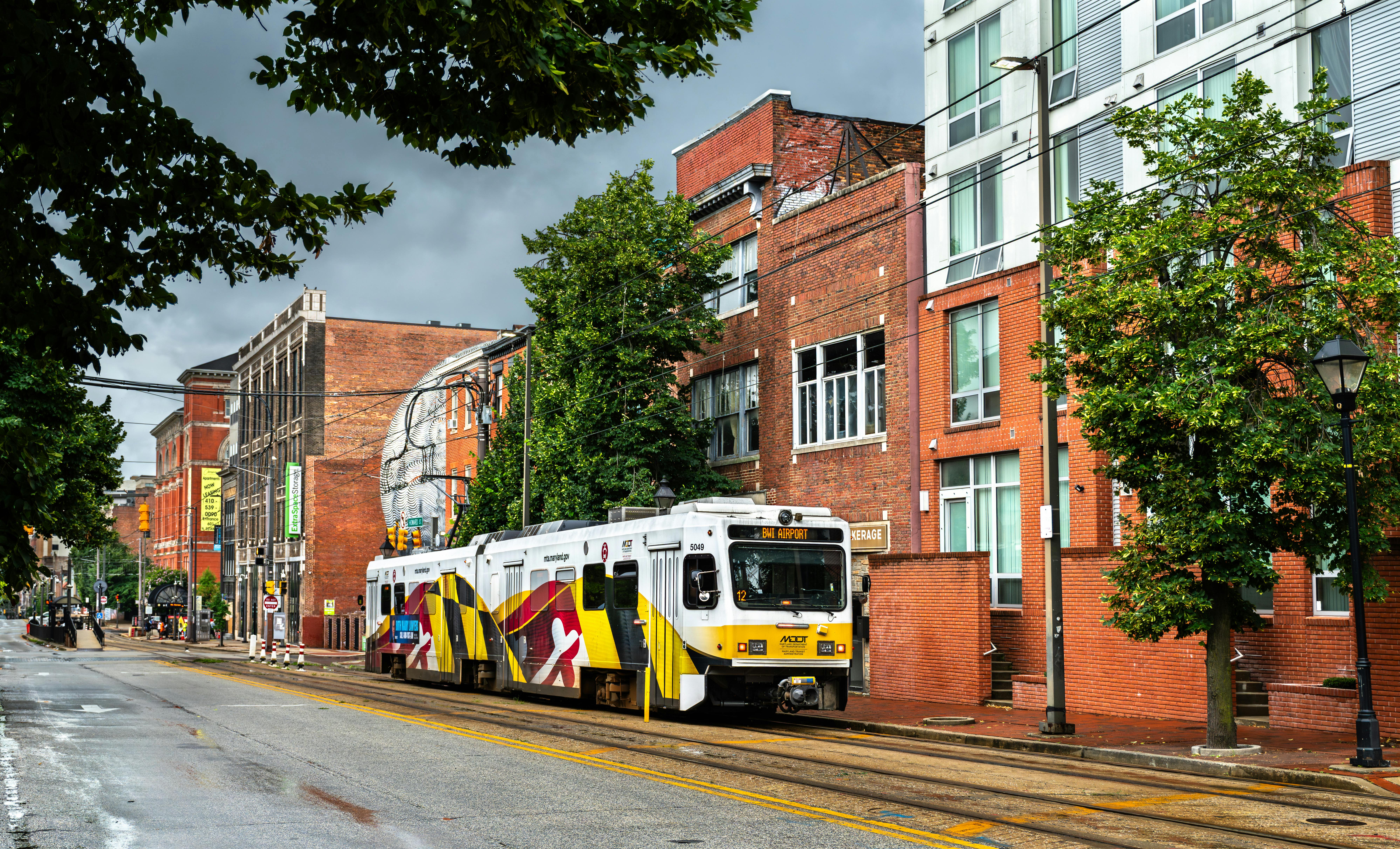 MDOT MTA light rail runs down empty street