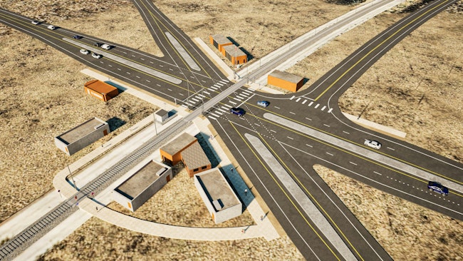 birds eye view of a rendering of the new TDT grade crossing with multiple approaches