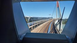 looking out the window of the front car on a Mark V train looking out the window of the front car on a Mark V train