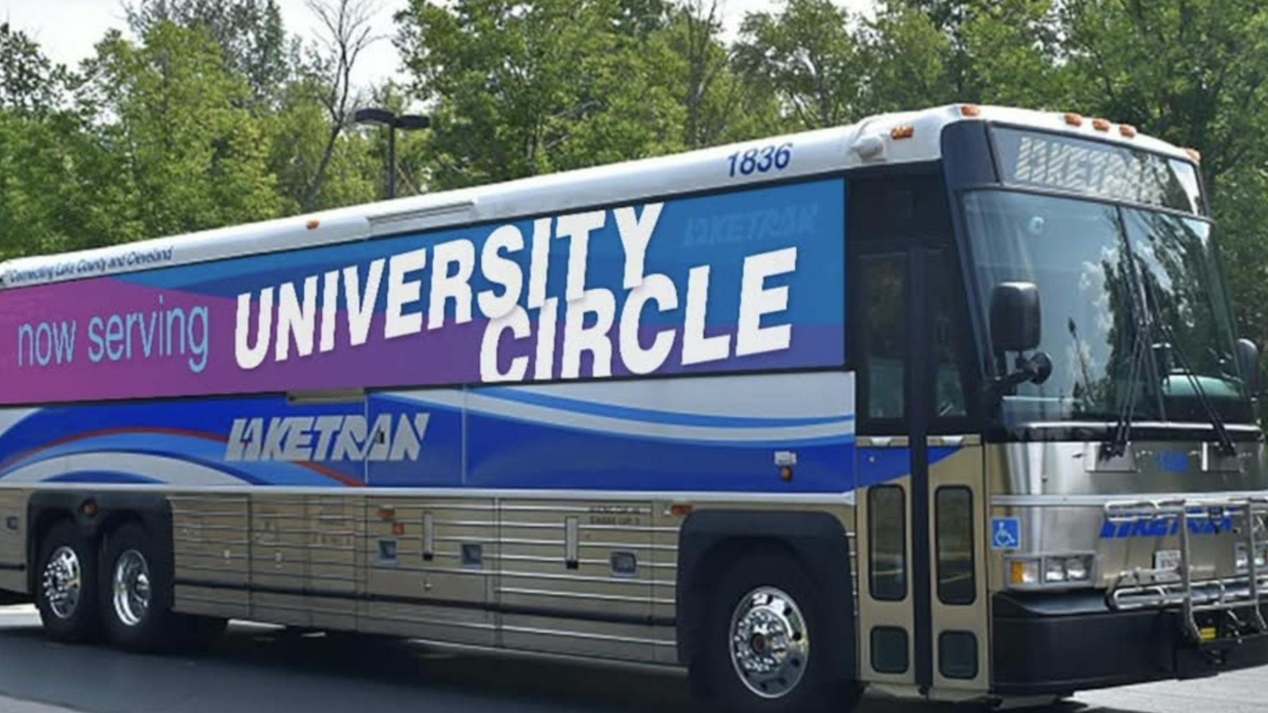 a laketran commuter bus with a now serving university circle bus wrap