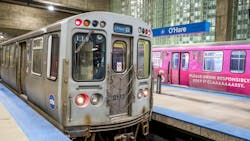 CTA blue line train sits at the O'Hare station CTA blue line train sits at the O'Hare station