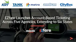Masabi logo with EZfare logo, TANK logo, Cincinnati Metro logo, KRT logo, CityBus logo and AMTRAN logo over person tapping their contactless payment