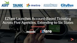 Masabi logo with EZfare logo, TANK logo, Cincinnati Metro logo, KRT logo, CityBus logo and AMTRAN logo over person tapping their contactless payment Masabi logo with EZfare logo, TANK logo, Cincinnati Metro logo, KRT logo, CityBus logo and AMTRAN logo over person tapping their contactless payment