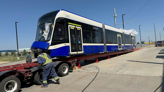 The first LRV arrives in Edmonton for the Valley Line West LRT project.
