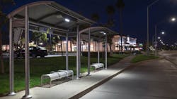Sunset shelters illuminated at night with solar-powered LED lights. Sunset shelters illuminated at night with solar-powered LED lights.