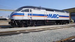 A MARC train sits in a rail yard. A MARC train sits in a rail yard.