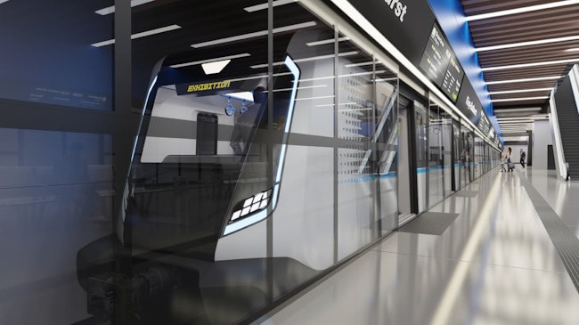 View of an Ontario Line subway train front exterior, behind transparent platform-edge doors, seen from platform level.