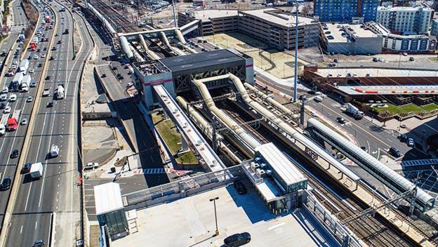 An aerial shot of the current Stamford Transportation Center.