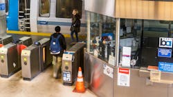 A BART station entrance featuring payment terminals. A BART station entrance featuring payment terminals.