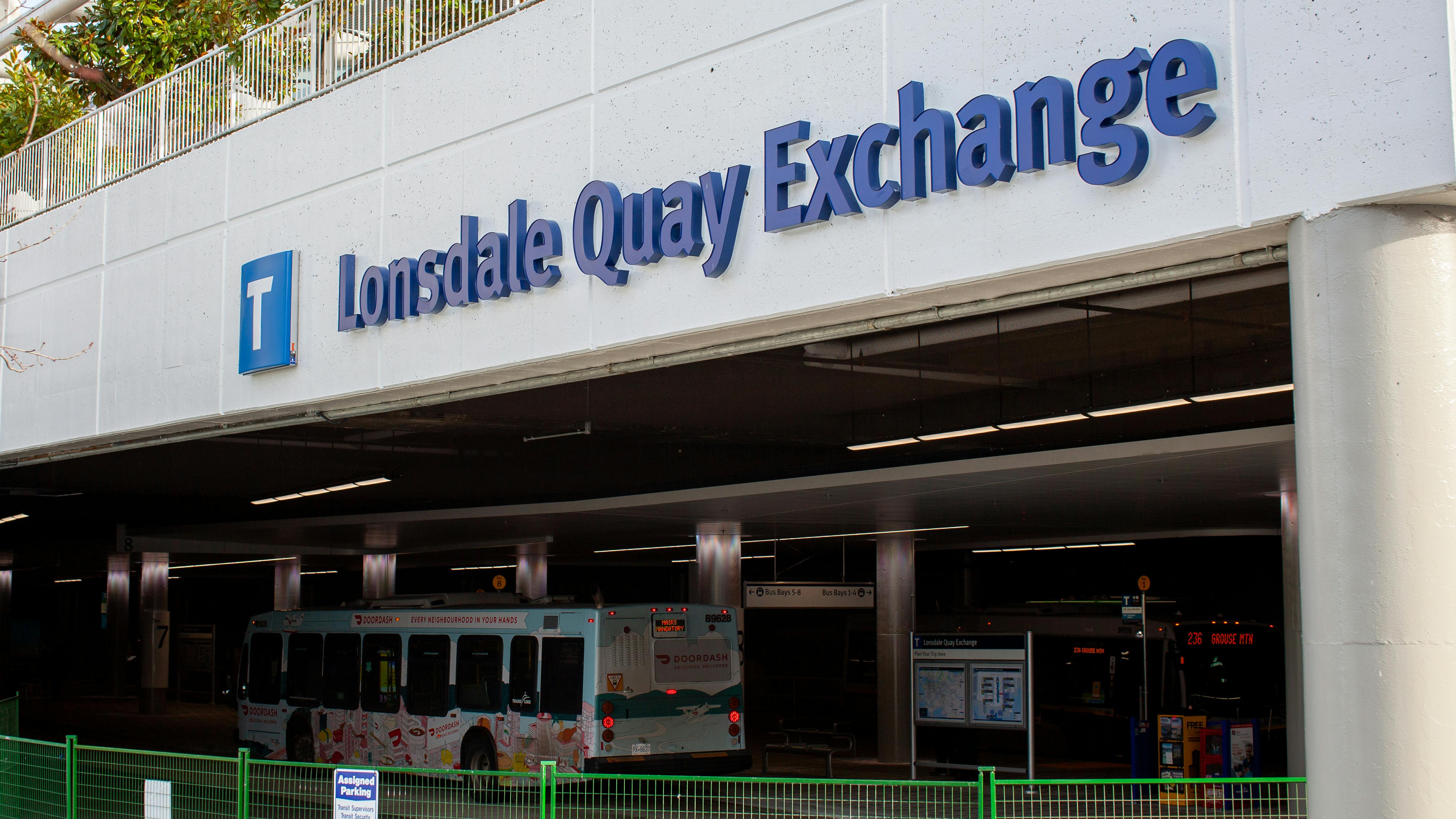 Lonsdale Quay Exchange pictured with a buss parked inside.
