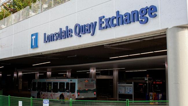 Lonsdale Quay Exchange pictured with a buss parked inside.