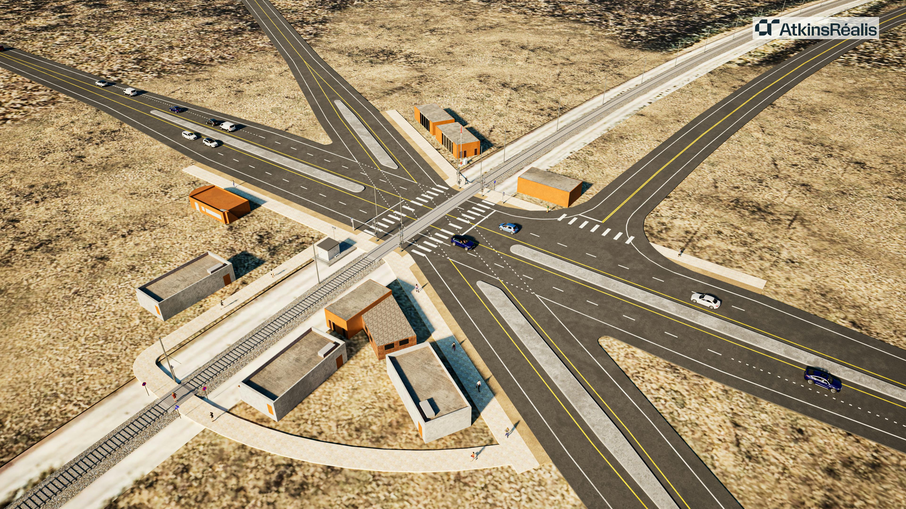 birds eye view of a rendering of the new TDT grade crossing with multiple approaches