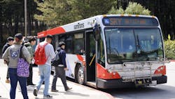 Students getting on a SamTrans bus. Students getting on a SamTrans bus.