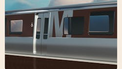 The image shows a mockup of what the new WMATA 8000-series rail car livery will look like. It features a dark colored wrap with the Metro M shown using negative space cut from the wrap. The image shows a mockup of what the new WMATA 8000-series rail car livery will look like. It features a dark colored wrap with the Metro M shown using negative space cut from the wrap.
