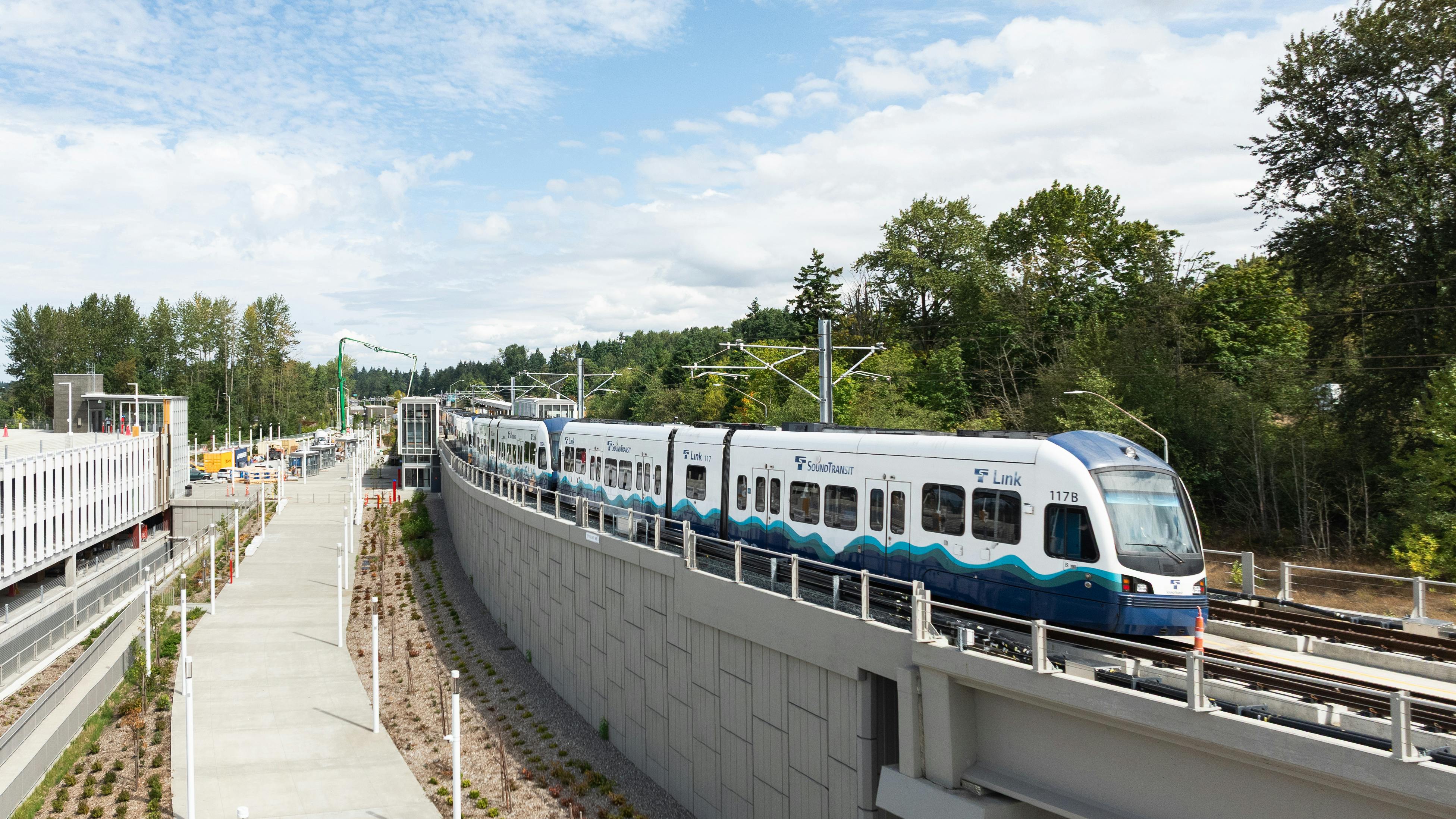 A Sound Transit train crossing Star Lake Station.