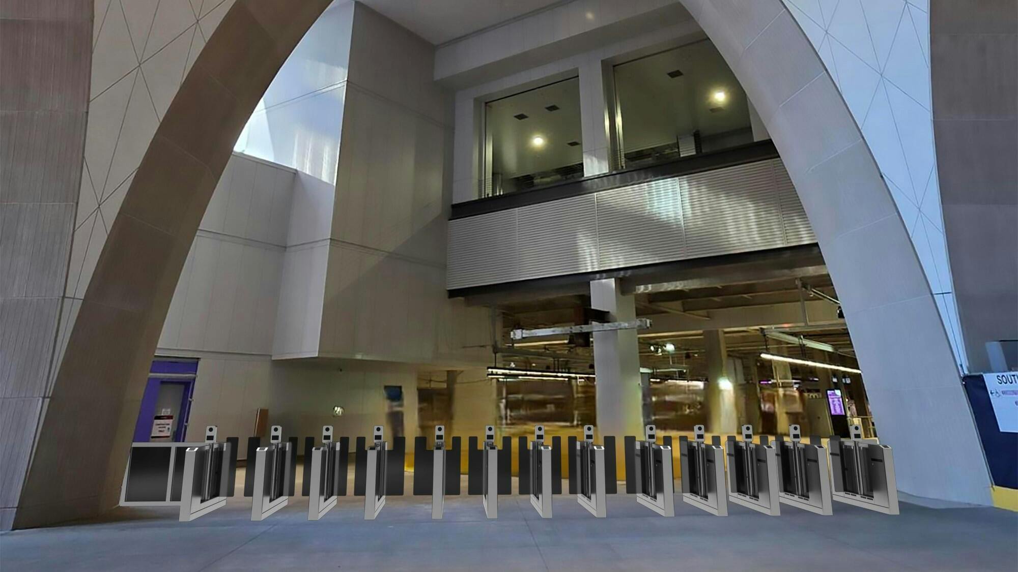 The image shows a rendering of what the fair gates will look like at a concourse enterance.