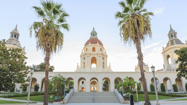 The photo displays Pasadena City Hall.