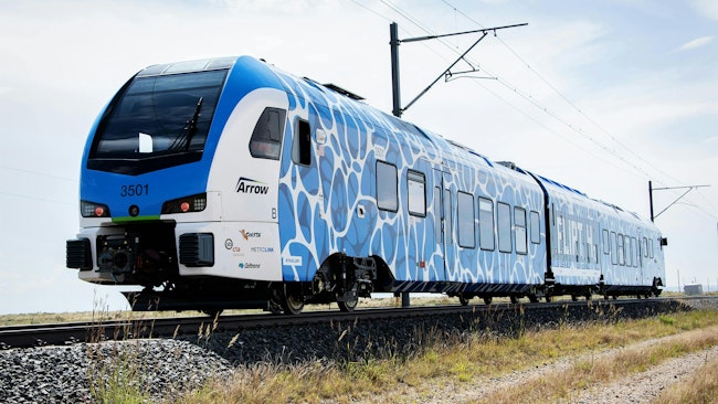 Stadler FLIRT ZEMU train in blue and white wrapping runs on test track at TTC