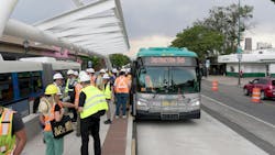 The Denver Regional Transportation District, alongside the city and county of Denver, have begun on-site testing for the East Colfax Bus Rapid Transit project at one of its new center-running platforms. The Denver Regional Transportation District, alongside the city and county of Denver, have begun on-site testing for the East Colfax Bus Rapid Transit project at one of its new center-running platforms.
