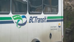 A close up shot of a BC Transit bus logo. A close up shot of a BC Transit bus logo.