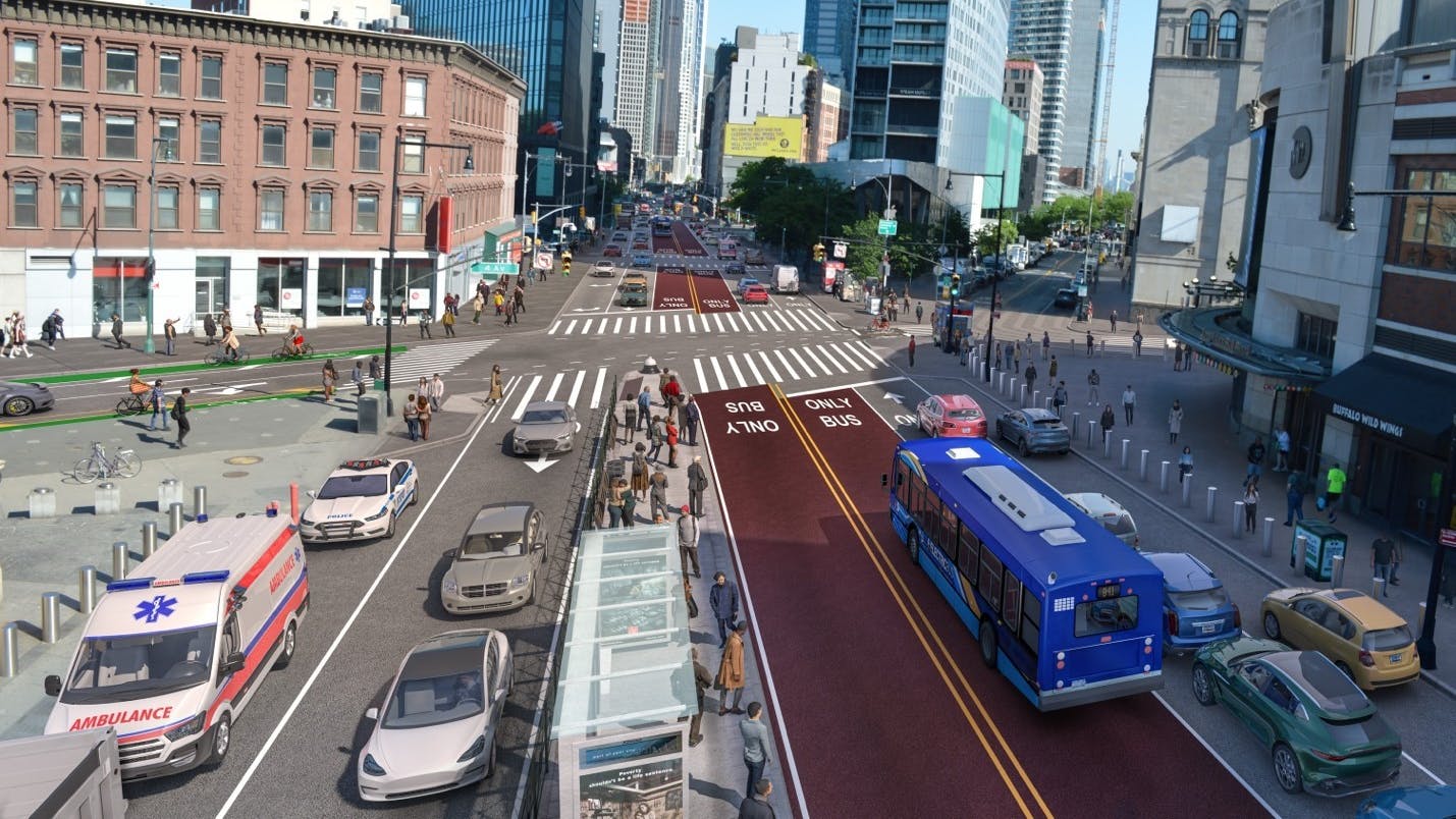 The image provides a bird's eye view of a center bus lane already established in the city.