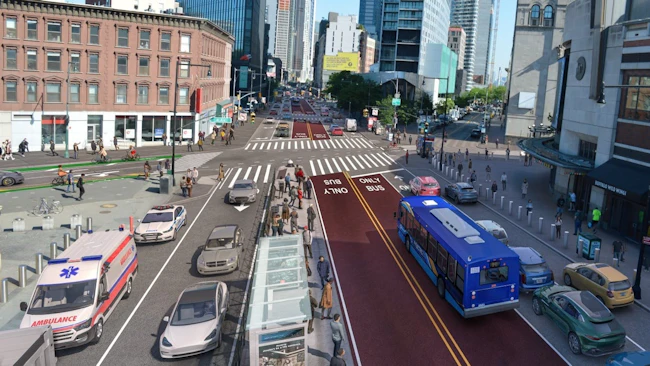 The image provides a bird's eye view of a center bus lane already established in the city.