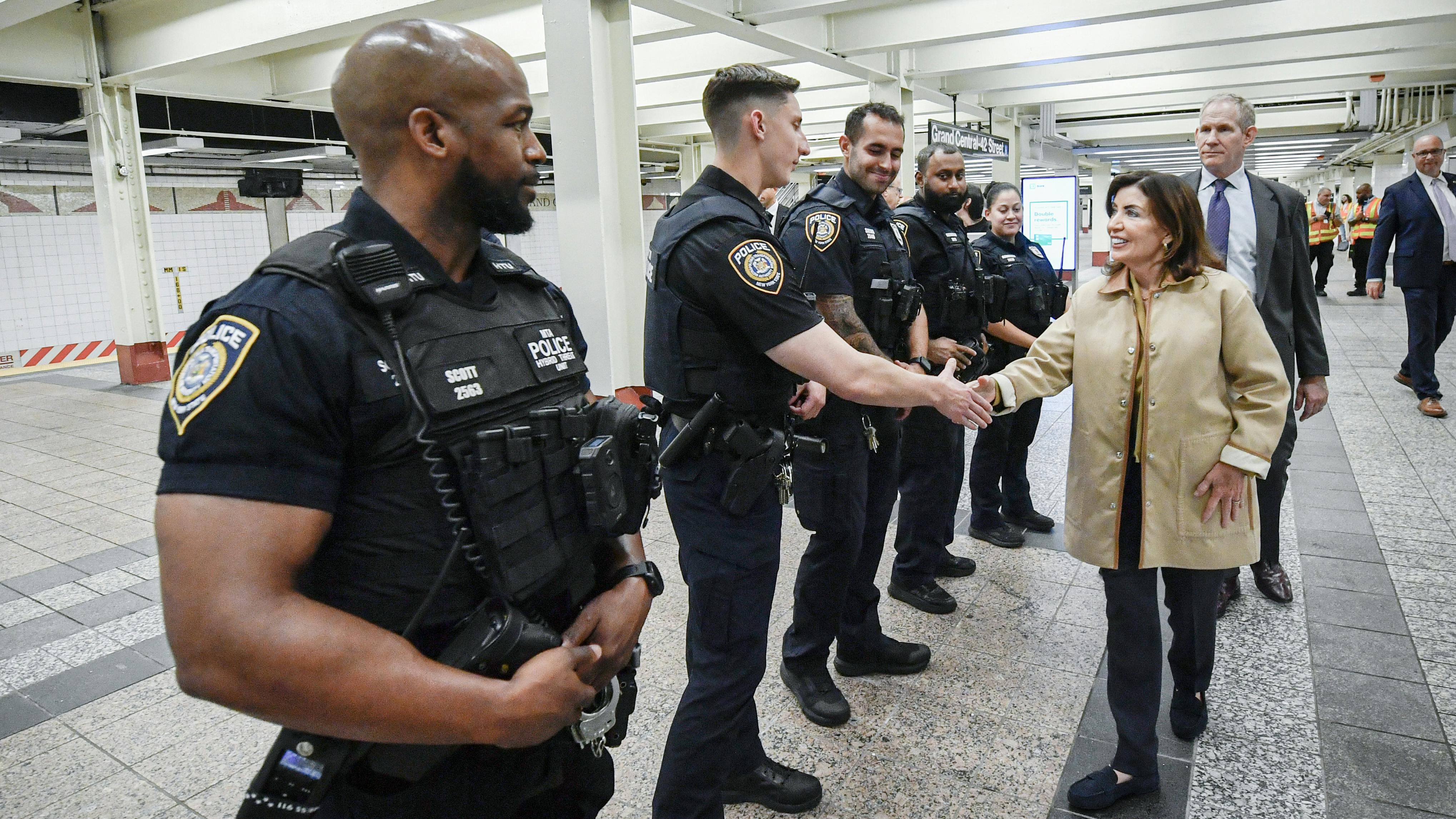 New York Governor Kathy Hochul joins MTA Chair and CEO Janno Lieber and MTA Chief Security Officer Michael Kemper at Grand Central-42 Street to announce a drop in subway crime over the summer on Sep 10, 2025.