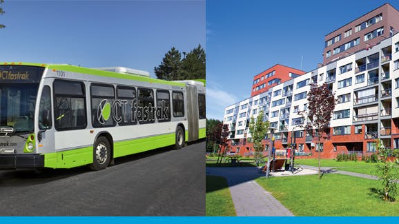 A rendering of a Connecticut Transit bus and a housing community.