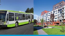 A rendering of a Connecticut Transit bus and a housing community. A rendering of a Connecticut Transit bus and a housing community.
