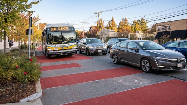 A dedicated bus lane in Arlington, Mass.