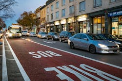 View of an MBTA bus lane. View of an MBTA bus lane.