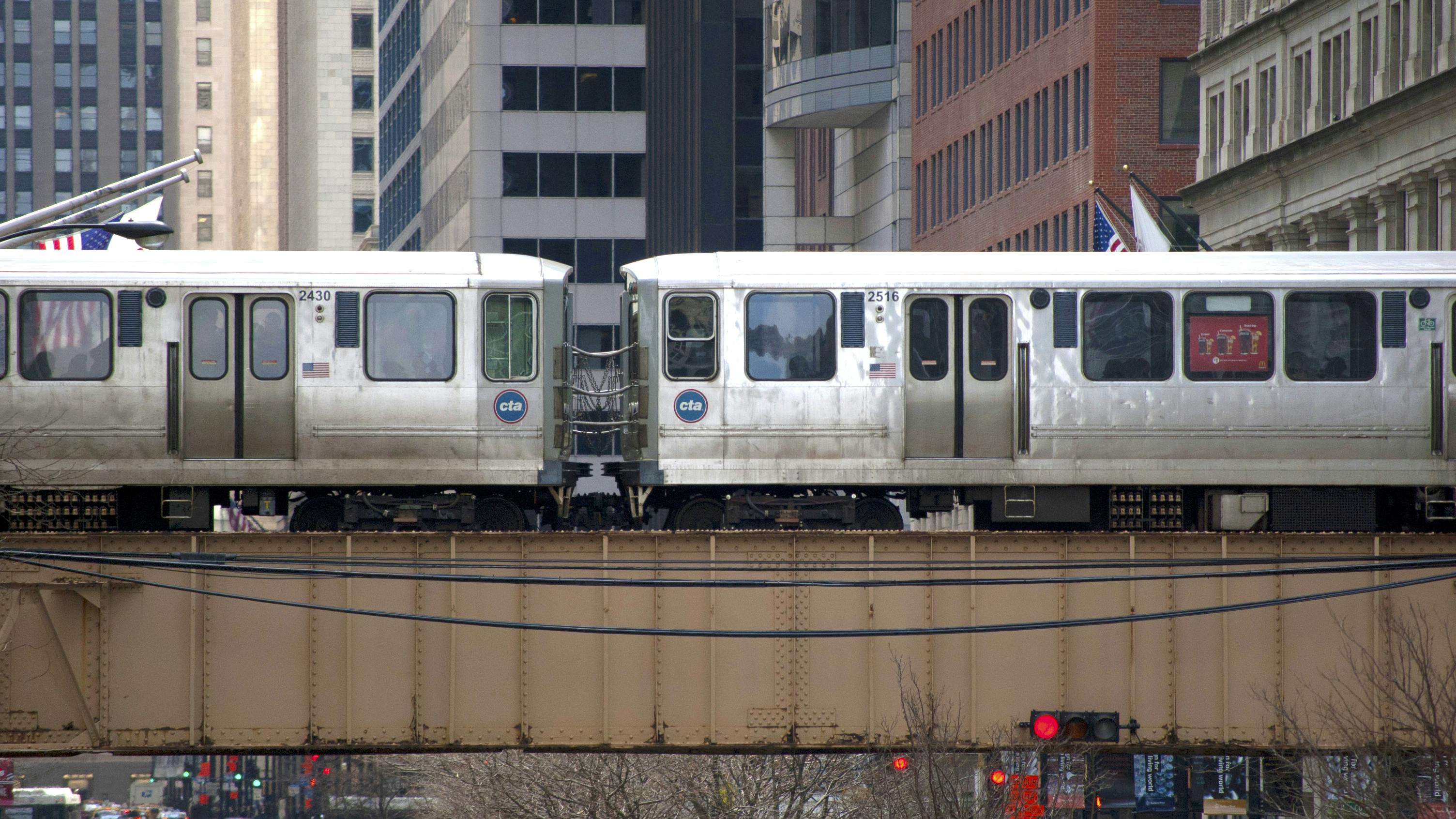 The Chicago Transit Authority Elevated Train crossing a bridge in downtown Chicago.