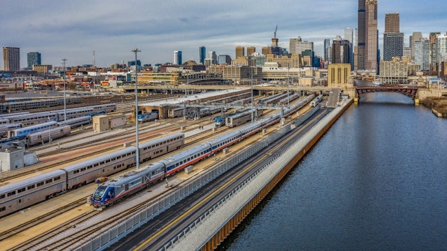 Amtrak trains looking over the city of Chicago.