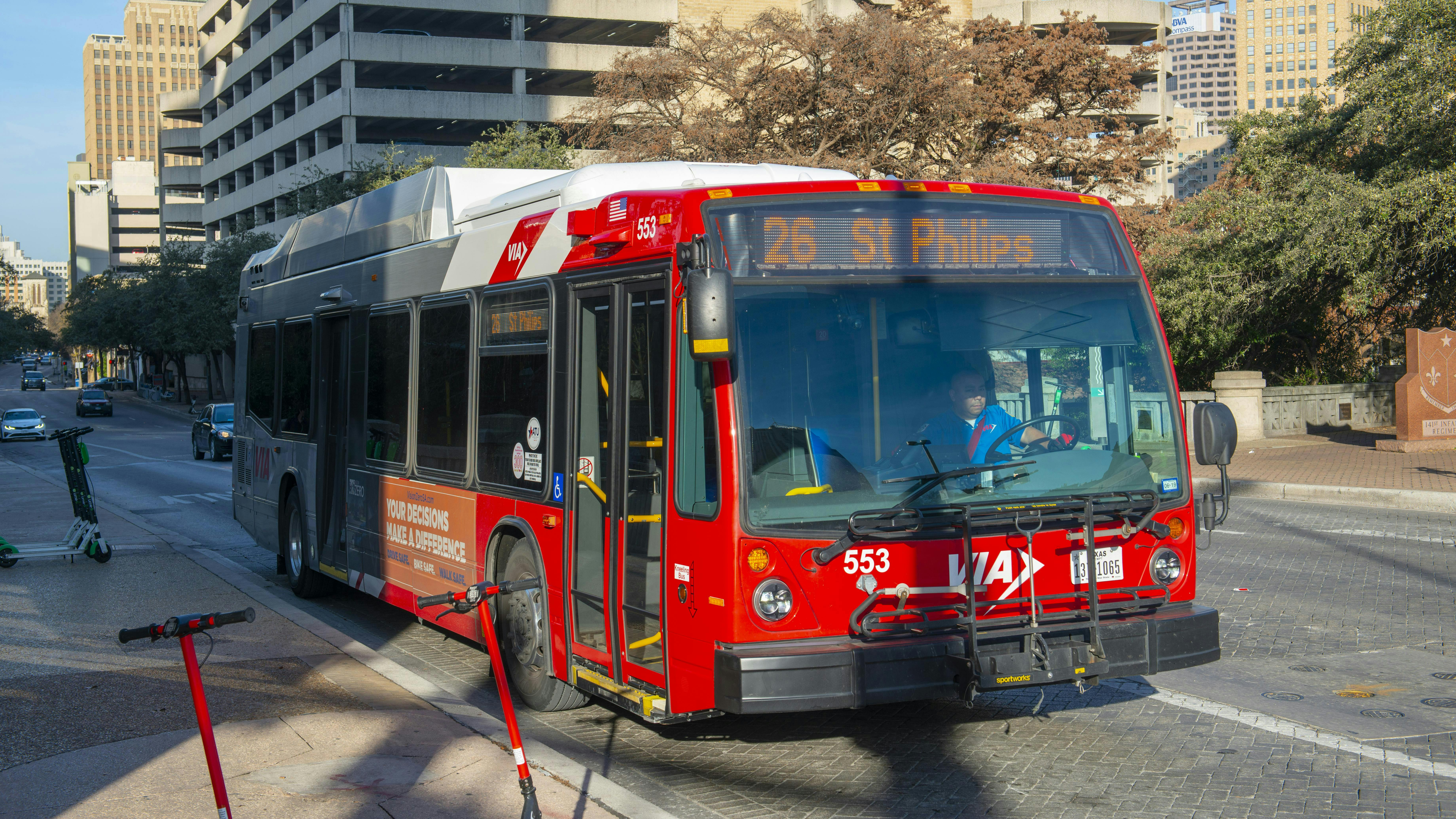 San Antonio VIA public bus Route 26 heading to St. Philips College on Market Street in downtown San Antonio, Texas, USA.