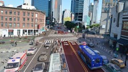 A rendering of a redesigned Flatbush Avenue and Fourth Avenue, in Brooklyn, N.Y., with center-running bus lanes and a concrete bus boarding island. A rendering of a redesigned Flatbush Avenue and Fourth Avenue, in Brooklyn, N.Y., with center-running bus lanes and a concrete bus boarding island.