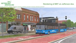 A rendering of the Greeen Line Project bus rapid transit on Jefferson Avenue. A rendering of the Greeen Line Project bus rapid transit on Jefferson Avenue.