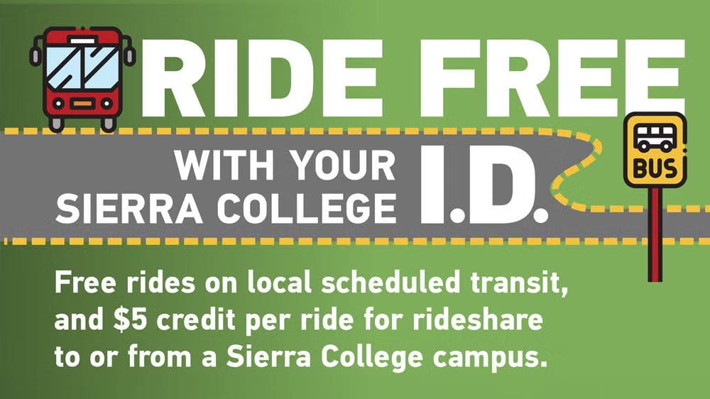 The image displays an infographic telling students they can ride local transit free with their student IDs and receive $5 Ubers for trips to or from the school.
