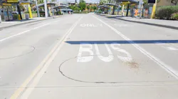 The image shows a bus only lane on a street.