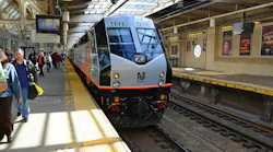 NJ Transit locomotive Alstom PL42AC at Newark Penn Station in New Jersey.