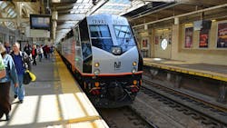 NJ Transit locomotive Alstom PL42AC at Newark Penn Station in New Jersey. NJ Transit locomotive Alstom PL42AC at Newark Penn Station in New Jersey.