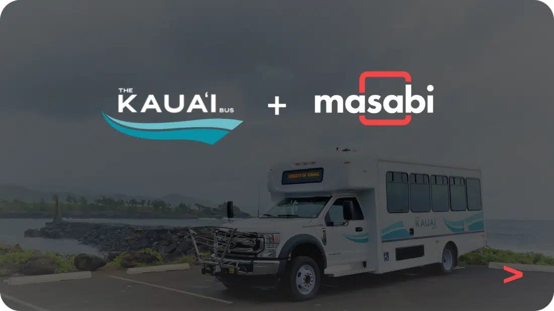 The Kaua'i Bus and Masabi logos sit on a semi-transparent background overlaid on a Kaua'i bus.
