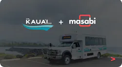 The Kaua'i Bus and Masabi logos sit on a semi-transparent background overlaid on a Kaua'i bus.